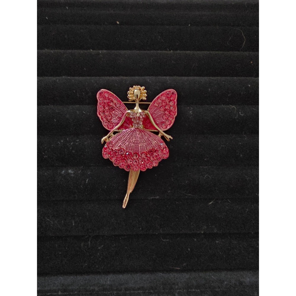 Gold Tone Pink Rhinestone Fairy Ballerina Brooch Pin Whimsical Dancer Jewelry